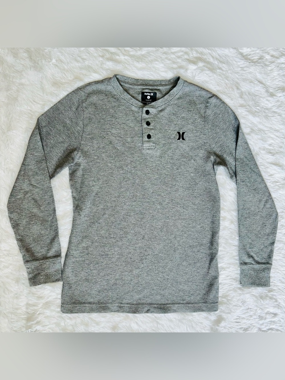 Hurley Gray Waffle-Knit Long Sleeve Henley Top - Boys Large